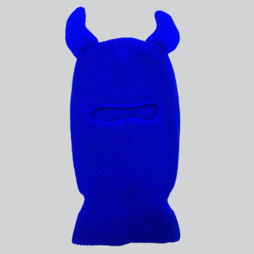 Bright blue plush women’s blue balaclava with horned design and simple face features