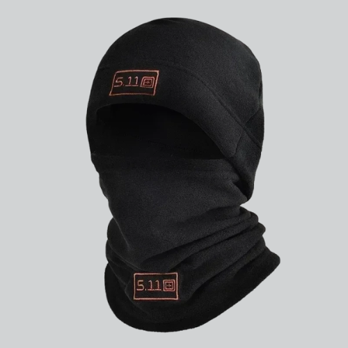 Black balaclava hat with 5.11 logo patches, perfect for outdoor activities in Sunnyvale