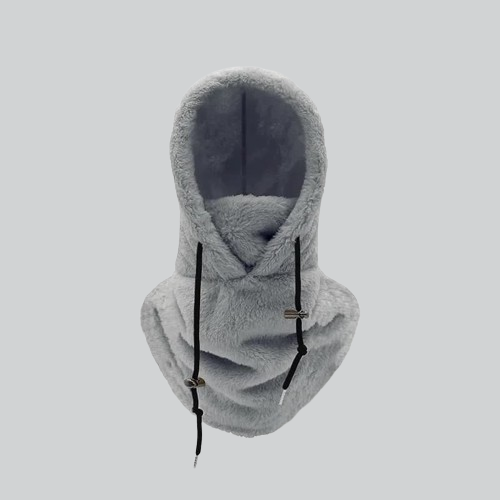 Gray fuzzy balaclava hoodie with drawstrings for warmth in the WOMEN’S BALACLAVA HOODIE