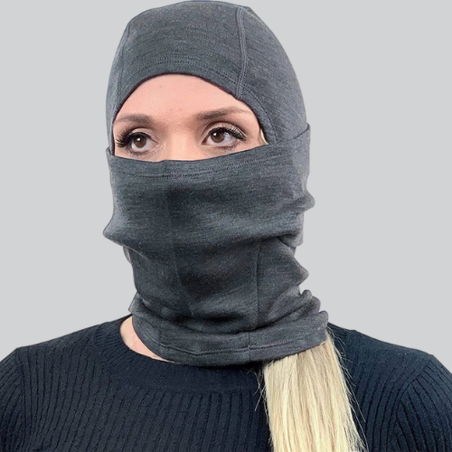 Gray balaclava ski mask for women, covering the face with only eyes visible