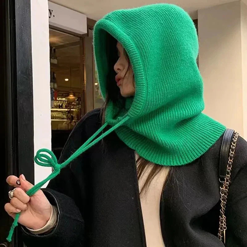 Bright green knit balaclava with drawstrings for women in Cape Coral style