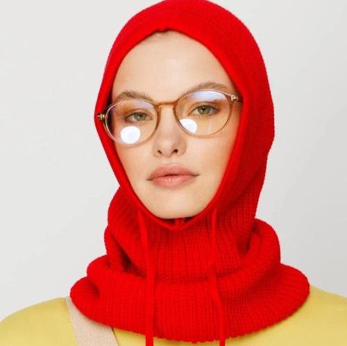 Bright red women’s knit balaclava covering head and neck in Bloomington style