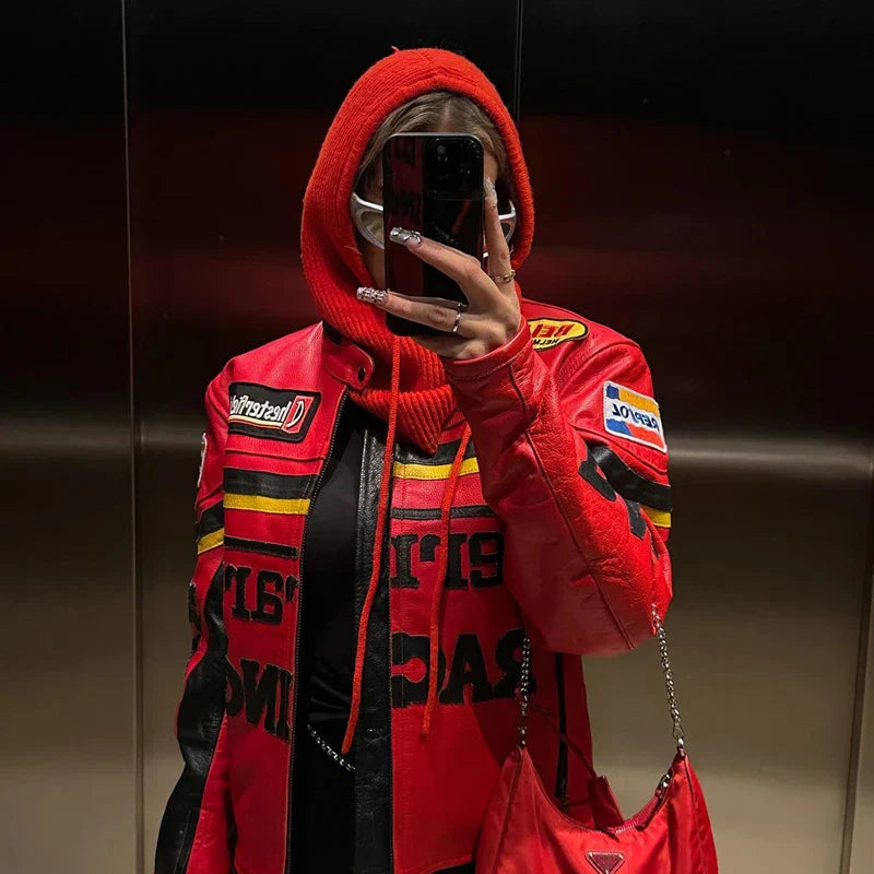 Red Racing Suit with a Person Holding Smartphone, featuring Womens Knit Balaclava Red