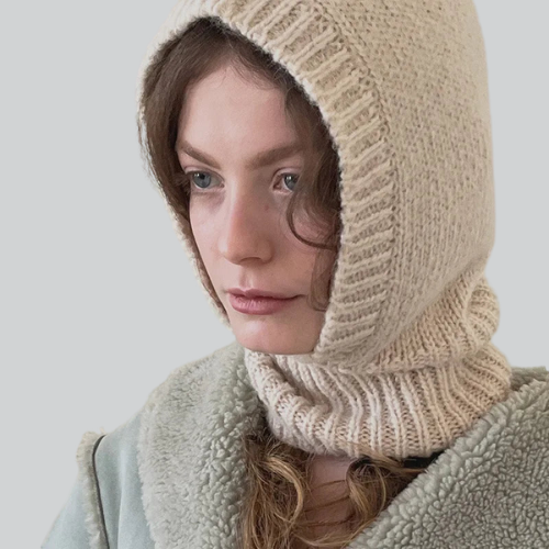 Cream-colored wool balaclava knit covering head and neck from Davenport