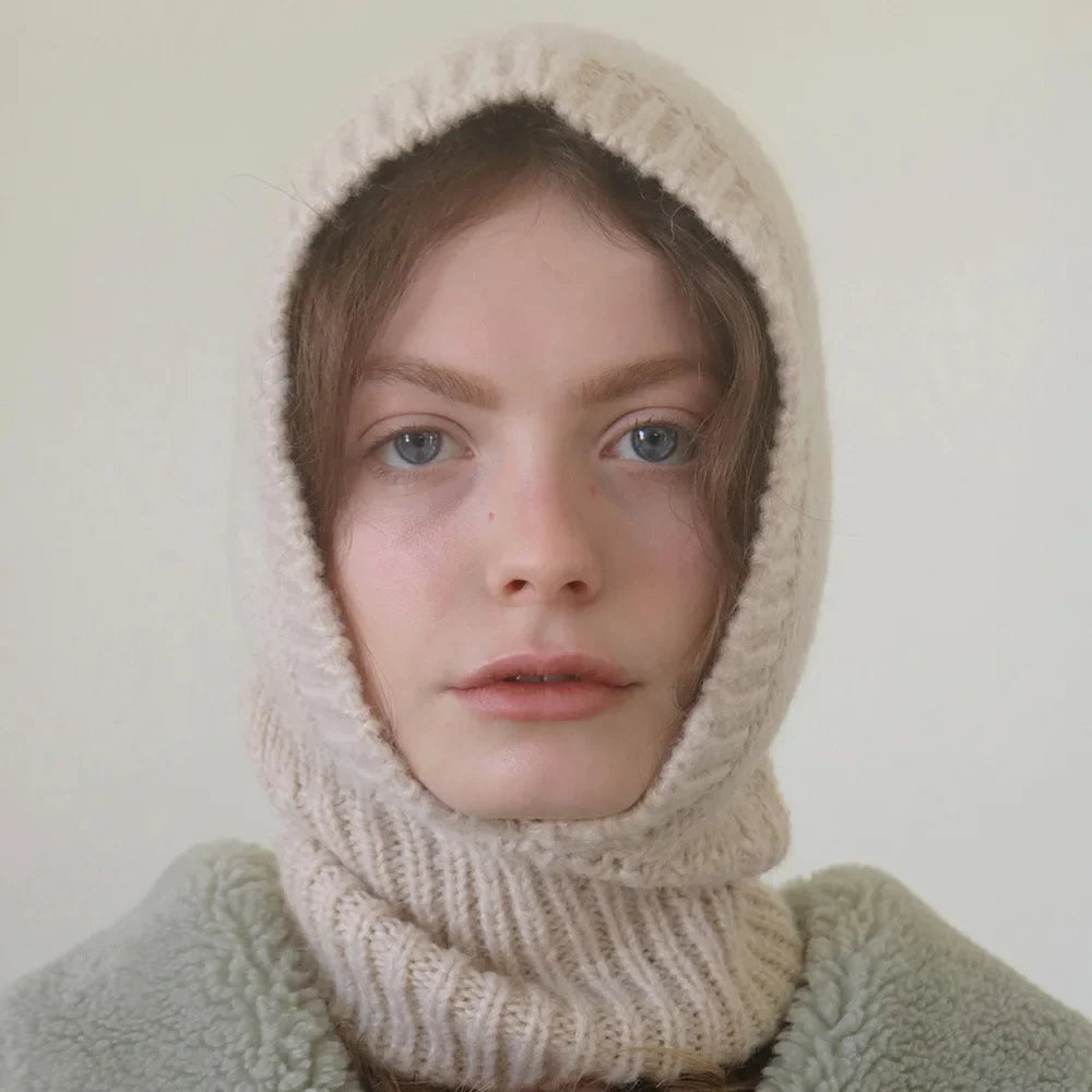 Cream-colored Wool Balaclava Knit covering head and neck for warmth and style