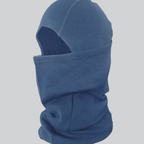 Blue wool balaclava ski mask that covers the entire head, leaving only eye openings